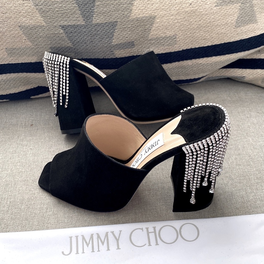 Jimmy Choo Baia 100 crystal fringing black suede mules NWT 35
